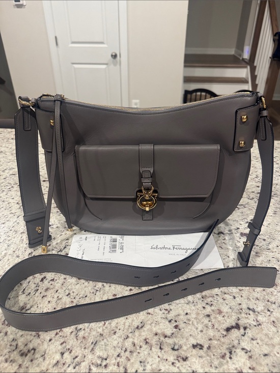 Salvatore Ferragamo Handbags - Salvatore Ferragamo Gancini Fiona Fumeé Urban Grey Leather Hobo (COA & receipt)